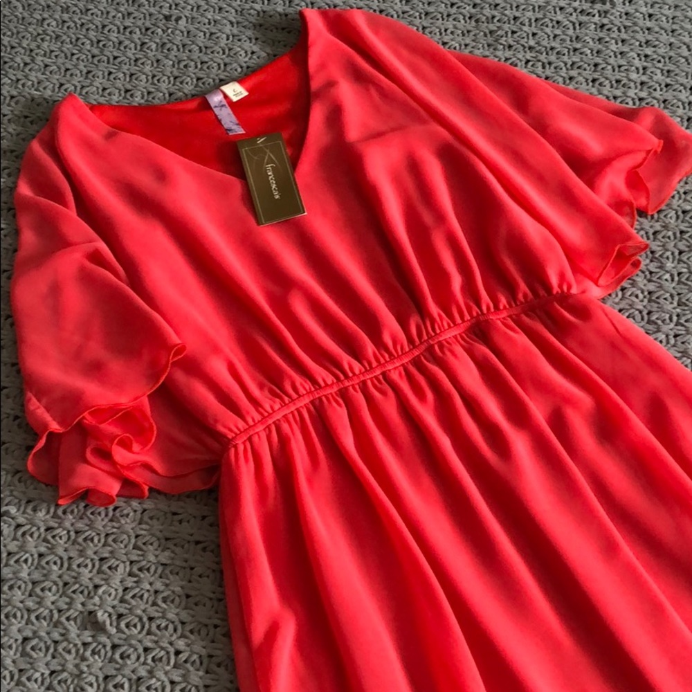 Coral Chiffon Loose Sleeved Dress, V Neck